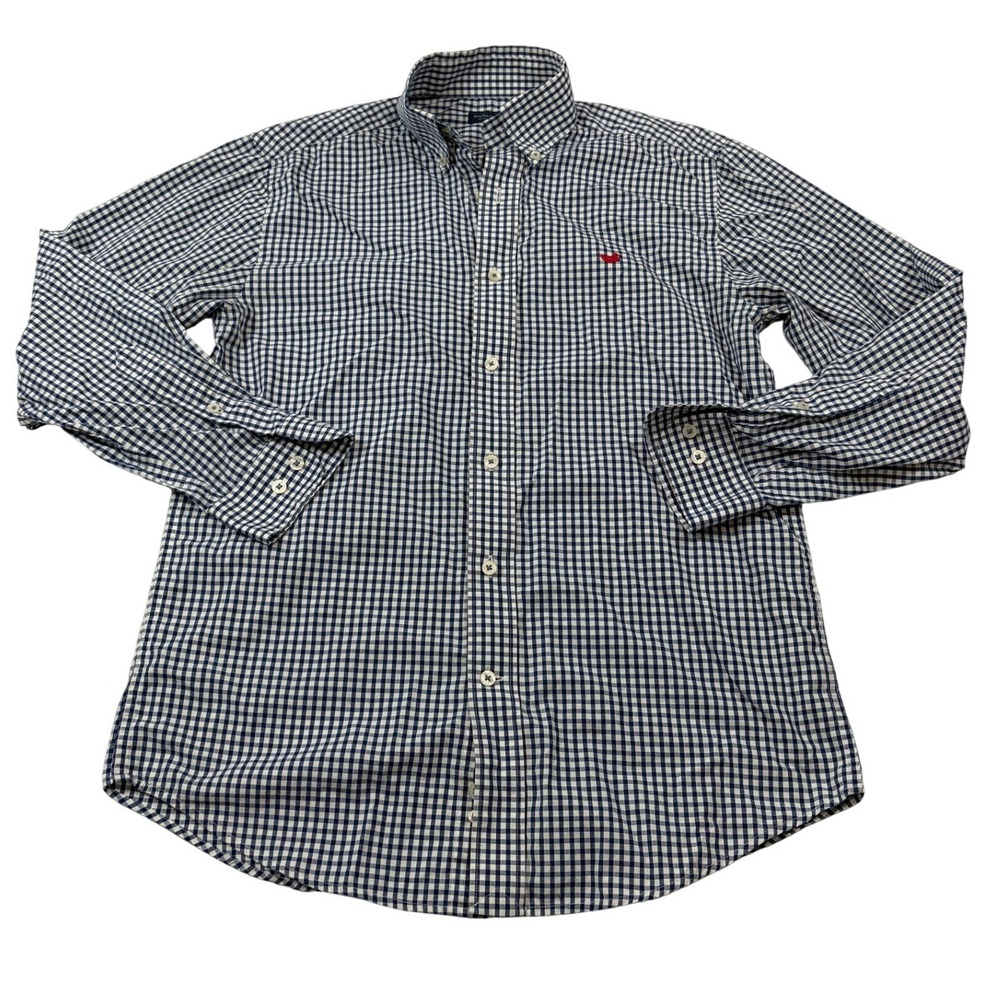 Southern Marsh Mens Small Blue White Gingham Wrinkle Free Long Sleeve Shirt Logo